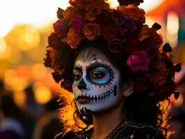 woman in vibrant calavera makeup celebrates the Day of Dead AI Generative photo