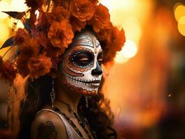 woman in vibrant calavera makeup celebrates the Day of Dead AI Generative photo