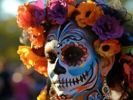 woman in vibrant calavera makeup celebrates the Day of Dead AI Generative photo