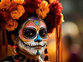 mujer en vibrante Calavera maquillaje celebra el día de muerto ai generativo foto