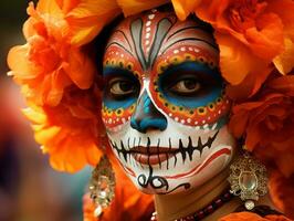 mujer en vibrante Calavera maquillaje celebra el día de muerto ai generativo foto