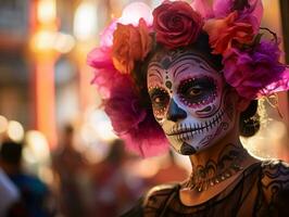 woman in vibrant calavera makeup celebrates the Day of Dead AI Generative photo