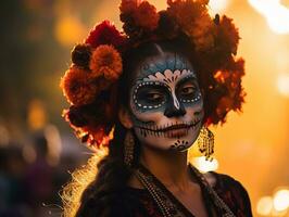 mujer en vibrante Calavera maquillaje celebra el día de muerto ai generativo foto