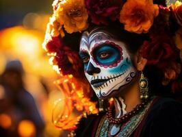 woman in vibrant calavera makeup celebrates the Day of Dead AI Generative photo