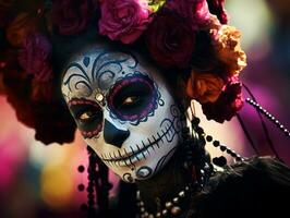 mujer en vibrante Calavera maquillaje celebra el día de muerto ai generativo foto