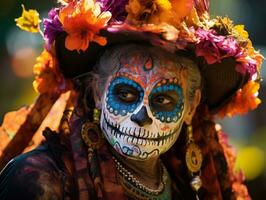 mujer en vibrante Calavera maquillaje celebra el día de muerto ai generativo foto
