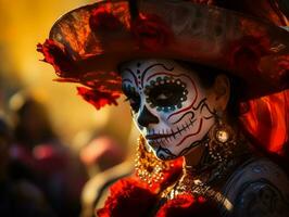 mujer en vibrante Calavera maquillaje celebra el día de muerto ai generativo foto