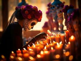 mujer en vibrante Calavera maquillaje celebra el día de muerto ai generativo foto