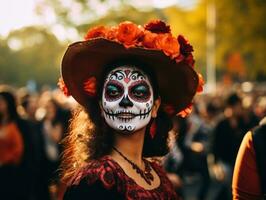 woman in vibrant calavera makeup celebrates the Day of Dead AI Generative photo