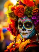 mujer en vibrante Calavera maquillaje celebra el día de muerto ai generativo foto