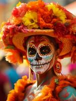 mujer en vibrante Calavera maquillaje celebra el día de muerto ai generativo foto