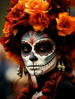 mujer en vibrante Calavera maquillaje celebra el día de muerto ai generativo foto