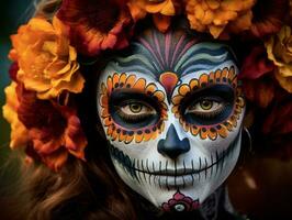 mujer en vibrante Calavera maquillaje celebra el día de muerto ai generativo foto