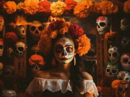 mujer en vibrante Calavera maquillaje celebra el día de muerto ai generativo foto