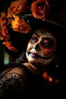 woman in vibrant calavera makeup celebrates the Day of Dead AI Generative photo