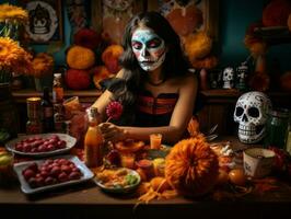 mujer en vibrante Calavera maquillaje celebra el día de muerto ai generativo foto