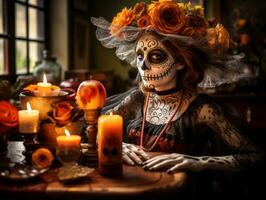 mujer en vibrante Calavera maquillaje celebra el día de muerto ai generativo foto