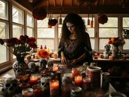 mujer en vibrante Calavera maquillaje celebra el día de muerto ai generativo foto