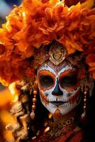 mujer en vibrante Calavera maquillaje celebra el día de muerto ai generativo foto