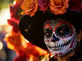 woman in vibrant calavera makeup celebrates the Day of Dead AI Generative photo