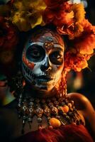 mujer en vibrante Calavera maquillaje celebra el día de muerto ai generativo foto