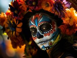 woman in vibrant calavera makeup celebrates the Day of Dead AI Generative photo