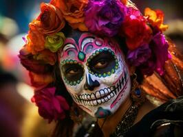 mujer en vibrante Calavera maquillaje celebra el día de muerto ai generativo foto