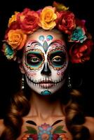 woman in vibrant calavera makeup celebrates the Day of Dead AI Generative photo