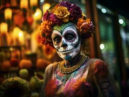 woman in vibrant calavera makeup celebrates the Day of Dead AI Generative photo