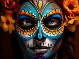 woman in vibrant calavera makeup celebrates the Day of Dead AI Generative photo