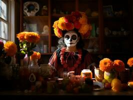 mujer en vibrante Calavera maquillaje celebra el día de muerto ai generativo foto