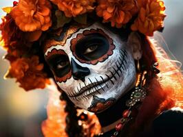 woman in vibrant calavera makeup celebrates the Day of Dead AI Generative photo