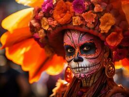 woman in vibrant calavera makeup celebrates the Day of Dead AI Generative photo