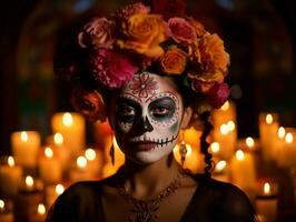 woman in vibrant calavera makeup celebrates the Day of Dead AI Generative photo