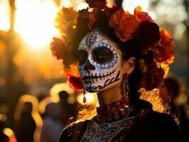 woman in vibrant calavera makeup celebrates the Day of Dead AI Generative photo