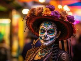 woman in vibrant calavera makeup celebrates the Day of Dead AI Generative photo