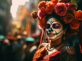 mujer en vibrante Calavera maquillaje celebra el día de muerto ai generativo foto