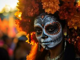 mujer en vibrante Calavera maquillaje celebra el día de muerto ai generativo foto