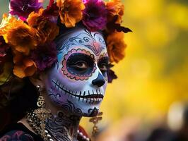 mujer en vibrante Calavera maquillaje celebra el día de muerto ai generativo foto