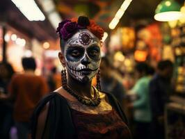 woman in vibrant calavera makeup celebrates the Day of Dead AI Generative photo