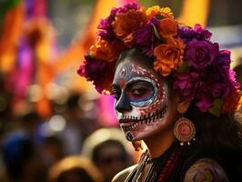 mujer en vibrante Calavera maquillaje celebra el día de muerto ai generativo foto