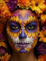 mujer en vibrante Calavera maquillaje celebra el día de muerto ai generativo foto