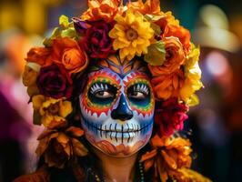 mujer en vibrante Calavera maquillaje celebra el día de muerto ai generativo foto