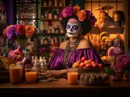 woman in vibrant calavera makeup celebrates the Day of Dead AI Generative photo