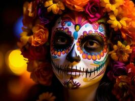 mujer en vibrante Calavera maquillaje celebra el día de muerto ai generativo foto