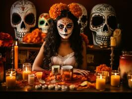 mujer en vibrante Calavera maquillaje celebra el día de muerto ai generativo foto