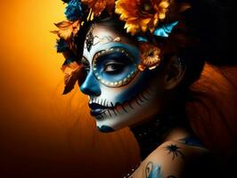 woman in vibrant calavera makeup celebrates the Day of Dead AI Generative photo