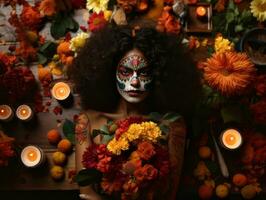 mujer en vibrante Calavera maquillaje celebra el día de muerto ai generativo foto