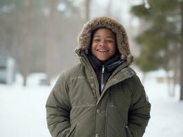 african american kid enjoys the winter snowy day in playful emontional dynamic pose AI Generative photo