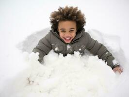 african american kid enjoys the winter snowy day in playful emontional dynamic pose AI Generative photo